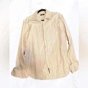 Hugo Boss work casual yellow black striped long sleeve cuff dress shirt 16